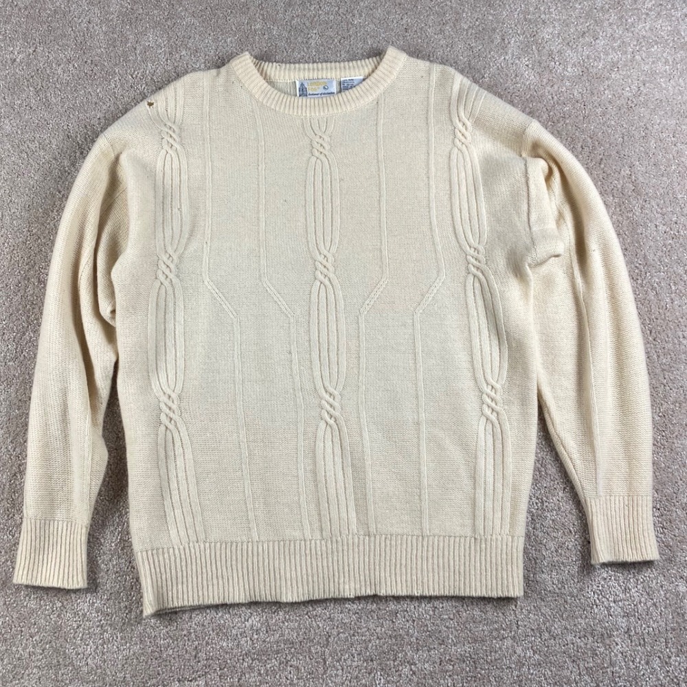 London Fog Vintage Lambswool Cable Knit Sweater Cream Large L Hand Fashioned